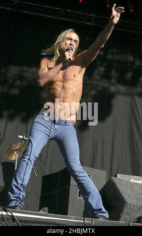 Iggy Pop se produit en direct sur scène le troisième et dernier jour du festival de lecture du week-end de Carling à Richfield Avenue le 28 août 2005 à Reading, en Angleterre. Banque D'Images