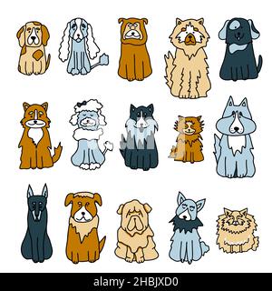 Jeu de chiens de couleur dessinés à la main sur fond blanc.Chien mignon drôle dessin coloré pour tatouage, carte, logo illustration vectorielle Illustration de Vecteur