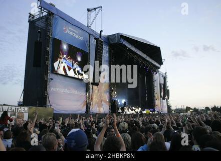 Kanye West se déroule sur scène au Wireless Festival Day 2, Hyde Park, Londres. Banque D'Images