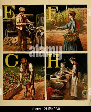 Ingénieur, Fleur-girl, Gardener, et Hatter. Partie de l'Alphabet des métiers du livre-cadeau de Routledge : contenant l'alphabet des métiers, les trois petits chatons, les chants de pépinière et les cinq petits cochons : avec vingt-quatre photos imprimées en couleurs par George Routledge & Sons publiées en 1866 Banque D'Images