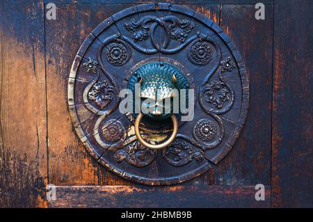 Bouton de porte démoniaque en bronze .Porte de diable en laiton .Bronze et bois Banque D'Images