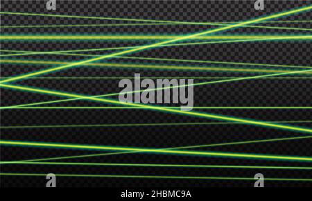 Faisceau laser vert.Rayons laser, effet d'éclairage vert sur fond noir transparent. Illustration de Vecteur