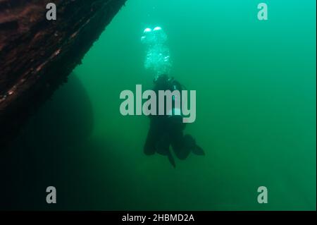 Munising, MI -14th août 2021 : plongée sous-MARINE explorant le grand gouvernail de l'épave des Bermudes Banque D'Images
