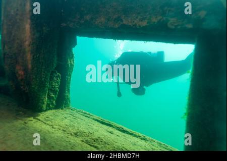 Munising, MI - 14th août 2021 : plongée sous-MARINE explorant l'épave des Bermudes Banque D'Images