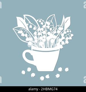 Iilies de la vallée dans une tasse.Modèle pour découpe au laser et traceur.Fleurs, feuilles pour la décoration.Illustration vectorielle.Autocollant fleurs. Traceur a Illustration de Vecteur