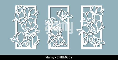 Motif fleurs de Magnolias.Ensemble, panneau pour l'enregistrement des surfaces décoratives.Illustration vectorielle d'une découpe au laser.Coupe et écran du traceur Illustration de Vecteur