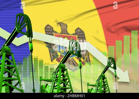 Idée de l'industrie pétrolière de la Moldavie, illustration industrielle - diagramme descendant sur fond de drapeau de la Moldavie.3D Illustration Banque D'Images