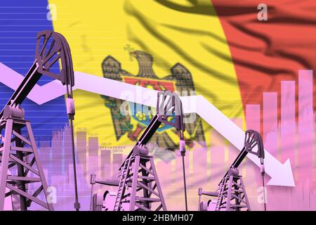 Idée de l'industrie pétrolière de la Moldavie, illustration industrielle - diagramme descendant sur fond de drapeau de la Moldavie.3D Illustration Banque D'Images