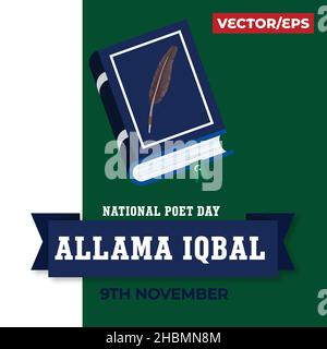 Allama Iqbal poète national du Pakistan avec le symbole du livre et de la plume Illustration de Vecteur