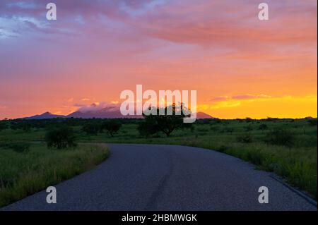 Coucher de soleil vibrant à Sonoita Arizona, route menant au loin. Banque D'Images