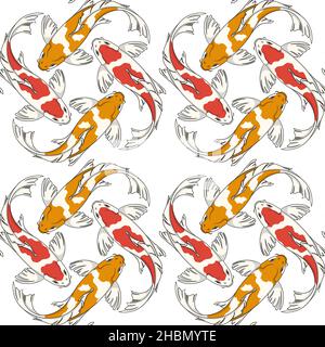 Motif sans couture avec carpes de poisson koï rouges et orange.Arrière-plan vectoriel coloré. Illustration de Vecteur