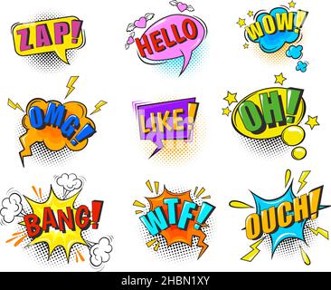 Des bulles de parole apparaissent.Bande dessinée suond effet sticker livre super héros bulle, nuage de souffle avec le texte boom omg pow wow crash zzz oops bang wtf ouais oui, dessin animé dessin vectoriel propre.Bulle sonore et texte Illustration de Vecteur