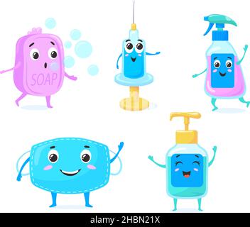 De jolies bouteilles de désinfectant.Caricature antiseptique spray, drôles seringue vaccin corona virus, prévention des enfants hygiène, désinfecter savon, masque médical pour enfants pour l'illustration du vecteur visage.Antiseptique d'hygiène Illustration de Vecteur