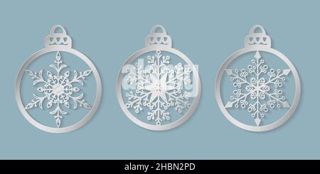 Boules de Noël avec motif flocon de neige découpé en papier.Modèles pour découpe, impression laser ou traceur.Idéal pour les cartes de Noël, les enveloppes, les invit Illustration de Vecteur