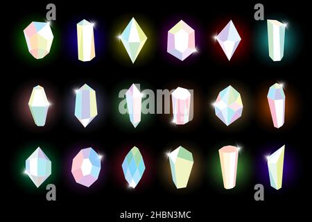 Ensemble d'icônes aux couleurs étincelantes et aux minéraux de cristal.Collection de pierres précieuses colorées.Médecine et traitement alternatifs de cristaux.Illustration du vecteur eps sur fond noir Illustration de Vecteur