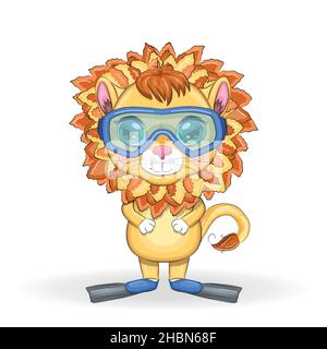 Lion de dessin animé dans les flippers, cercle de natation, chapeau, lunettes.Caractère avec de beaux yeux, puérile.Concept de vacances d'été Illustration de Vecteur