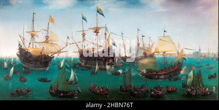 Le retour à Amsterdam de la deuxième expédition aux Indes orientales par Hendrik Cornelisz Vroom (c.1562-1640), huile sur toile, 1599.Sous le commandement de Jacob Cornelisz van Neck, huit navires néerlandais embarqueront pour les Indes en 1598.Les quatre premiers sont revenus de Bantam (Java) un an plus tard, le 19 juillet 1599.Les autres navires avaient navigué jusqu'aux Moluques (îles de Maluku).Ils rentrèrent aussi en sécurité et en bonne santé, chargés de muscade, de mace et de clous de girofle. Banque D'Images