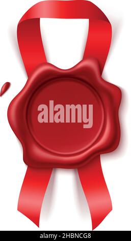 Ruban rouge avec tampon d'étanchéité à la cire.Joint en caoutchouc vintage vierge réaliste Illustration de Vecteur