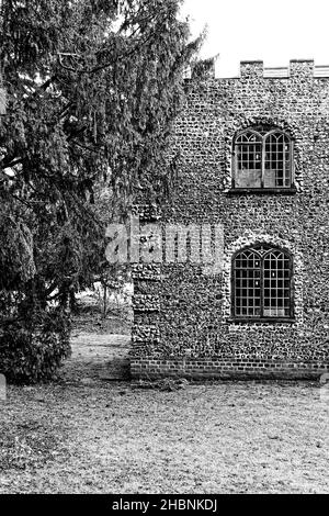 Une photo verticale d'une façade en pierre à l'ancienne avec deux fenêtres en niveaux de gris Banque D'Images