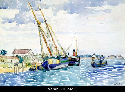 Scène marine (bateaux près de Venise) (1903) peinture en haute résolution par Henri-Edmond Cross. Banque D'Images