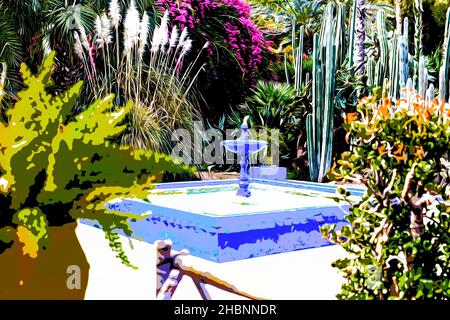 Illustration.Magnifique jardin botanique tropical avec fontaine et différents types de plantes, le jardin Majorelle. Banque D'Images