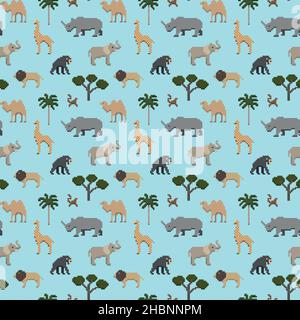 Motif sans couture pixel art animaux safari Illustration de Vecteur