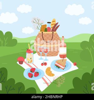 Panier pique-nique dans le parc.Servir dans la nature.Déjeuner romantique dans le défrichement de la forêt.Manger à l'extérieur.Nappe avec nourriture sur l'herbe.Sac avec vin et sandwich Illustration de Vecteur