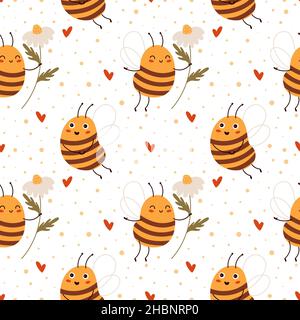 Joli abeille sans couture.Arrière-plan de dessin animé avec des personnages d'abeilles.Petits ruches habitants.Insecte rayé jaune et camomille.Drôle de mineurs de miel Illustration de Vecteur