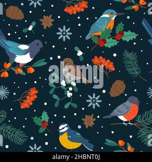 Motif oiseaux sans couture.Magpie, bullfinch et kingfisher sur différentes branches.Rameaux de Rowan et de barberry.Animaux volants et flocons de neige.Cônes de sapin Illustration de Vecteur