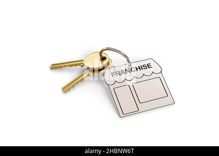 Porte-clés en forme de magasin isolé sur fond blanc.Concept de franchise.3d illustration. Banque D'Images