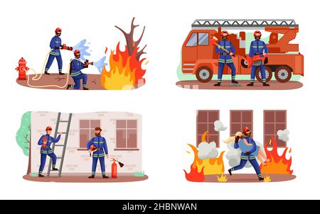 Pompiers.Travailleurs des services de secours d'urgence en uniforme.Pompiers sauvant des gens de feu concept.Les secouristes qui éteignent la flamme.Assistance aux victimes Illustration de Vecteur