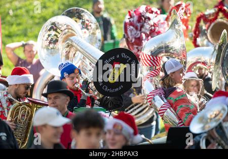 Austin, Texas, États-Unis.20th décembre 2021.Des musiciens de tous âges se rassemblent au Texas Capitol pour jouer les fêtes de Noël préférées dans un concert de Noël traditionnel de Tuba.Le TUBACHRISTMAS à l'échelle nationale a été créé en 1974 au Rockefeller Center de New York.(Image de crédit : © Bob Daemmrich/ZUMA Press Wire) Banque D'Images