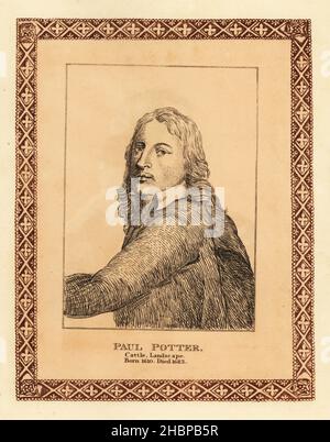 Paulus Potter, 1625-1654, peintre hollandais qui s'est spécialisé dans les paysages avec des animaux.Paul Potter, peintre de bétail et de paysage.Gravure teintée dans une bordure décorative par John Girtin après un portrait de Bartholomeus van der Helst de soixante-dix-cinq Portraits de John Girtin de célèbres peintres d’originaux authentiques, J. m’Creery, Londres, 1817. Banque D'Images