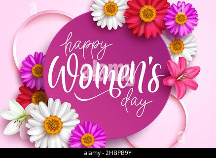 Modèle vectoriel de message d'accueil pour femmes.Happy Women Day texte typographique dans un espace circulaire avec élément de décoration de fleurs de camomille et de nénuphars. Illustration de Vecteur