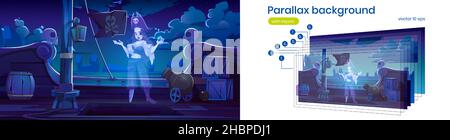 Parallax arrière-plan pirate fille fantôme sur le bateau de film, la femme buccaneer a secoué avec la prothèse de jambe tenir le stand de pierre précieuse au pont de bateau, des couches séparées pour l'animation de jeu 2D dessin vectoriel de Cartoon Illustration de Vecteur