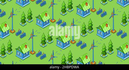 Production d'énergie écologique, modèle isométrique sans couture à énergie verte.Maison avec panneaux solaires et éoliennes, paysage avec chalet rural, moulins à vent et batteries solaires 3D décoration Vector Line art Illustration de Vecteur