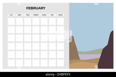 Calendrier mois de février hiver.Minimum abstrait paysage contemporain fond naturel.Modèle mensuel pour les activités de journal.Vecteur Illustration de Vecteur