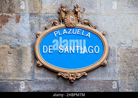 Signe de Plazuela de santiago ou Plaza del Reverendo Santiago Lasalle place à la vieille ville, Bilbao, province de Biskaia, pays Basque, Euskadi,Ni Banque D'Images