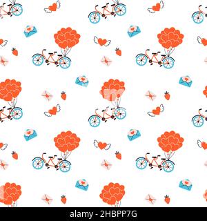 Texture de la Saint-Valentin.Motif sans couture avec coeurs, vélos tandem et enveloppes postales.Motif mariage sans couture.Symbole de l'amour.Vecteur tracé à la main Illustration de Vecteur