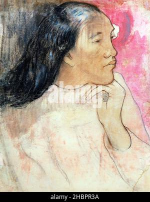 Une femme tahitienne avec une fleur dans ses cheveux (ca.1891-1892) par Paul Gauguin. Banque D'Images