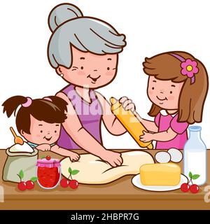 Grand-mère et enfants cuisinant dans la cuisine. Banque D'Images