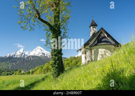 Die Kirchleitn Kapelle am Mitterweinfeld hoch über Berchtesgaden mit dem maechtigen Watzmann im hintergrund im saftiggenen Fruehsommer, Berchtesgad Banque D'Images