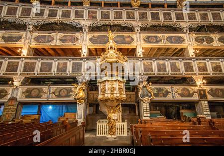 Terminée en 1655 et classée au patrimoine mondial de l'UNESCO, l'église de la paix de Jawor est un chef-d'œuvre en bois.Ici en particulier les intérieurs Banque D'Images