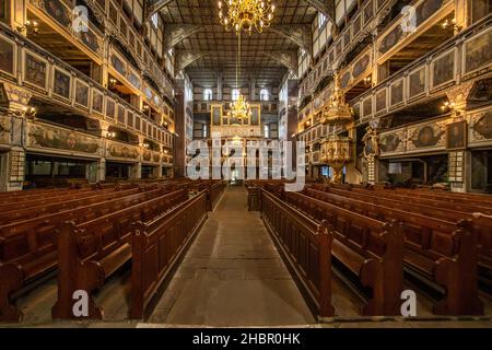 Terminée en 1655 et classée au patrimoine mondial de l'UNESCO, l'église de la paix de Jawor est un chef-d'œuvre en bois.Ici en particulier les intérieurs Banque D'Images