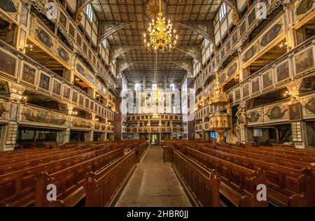 Terminée en 1655 et classée au patrimoine mondial de l'UNESCO, l'église de la paix de Jawor est un chef-d'œuvre en bois.Ici en particulier les intérieurs Banque D'Images