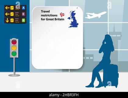 Modèle de restrictions de voyage pour la Grande-Bretagne.La silhouette d'un touriste est à la recherche d'un panneau vierge à l'aéroport.Prêt pour votre texte. Illustration de Vecteur