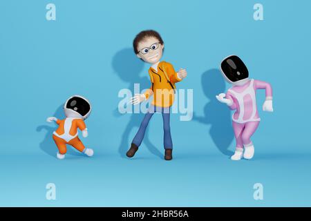 Un jeune garçon, un spaceboy et un spacegirl dansant avec bonheur contre le mur bleu avec leurs ombres.Des enfants heureux, énergiques et joyeux s'amuser.3D rendu. Banque D'Images