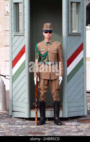 Les gardes devant le palais présidentiel Sandor Palace sur la colline du château, Budapest, Hongrie Banque D'Images