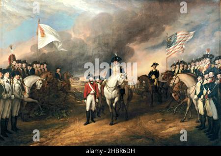 Trumbull (John Trumbull (6 juin 1756 – 10 novembre 1843)) série III – reddition de Cornwallis [la reddition de Lord Cornwallis est une peinture à l'huile de John Trumbull.La peinture a été achevée en 1820, et est suspendue dans la rotonde du Capitole des États-Unis à Washington, D.C., le tableau décrit la reddition du lieutenant général britannique Charles, Earl Cornwallis à Yorktown, en Virginie, le 19 octobre 1781, mettant fin au siège de Yorktown, et garantissant virtuellement l'indépendance américaine.La représentation comprend de nombreux chefs des troupes américaines qui ont participé au siège]. Banque D'Images