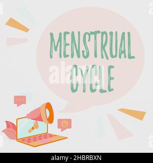 Affiche indiquant le cycle menstruel.Mot pour le cycle mensuel des changements dans les ovaires et la doublure de l'utérus ordinateur portable dessin partager des commentaires et des réactions à Banque D'Images